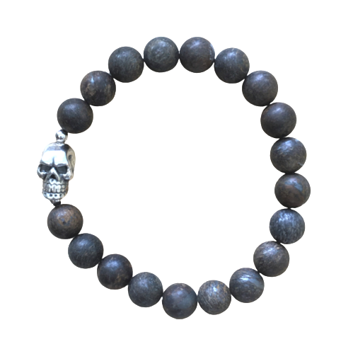 Bronzit (matt) Armband 10mm mit Totenkopf Silber 925 geschwärzt